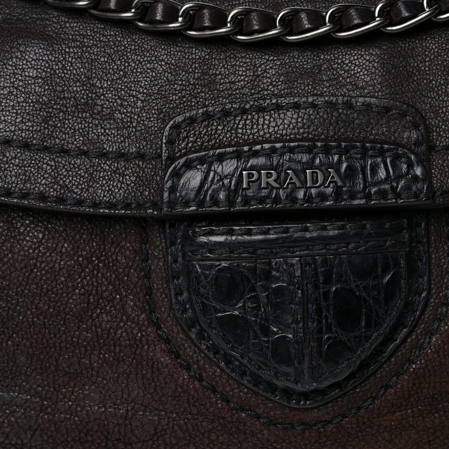 Goatskin Crocodile Embossed Flap Shoulder Bag Dark Brown