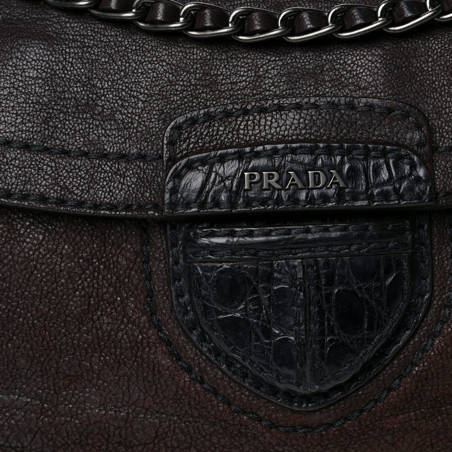 Prada Goatskin Crocodile Embossed Flap Shoulder Bag Dark Brown 13 of 14