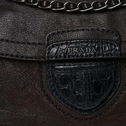 Prada Goatskin Crocodile Embossed Flap Shoulder Bag Dark Brown 13 of 14