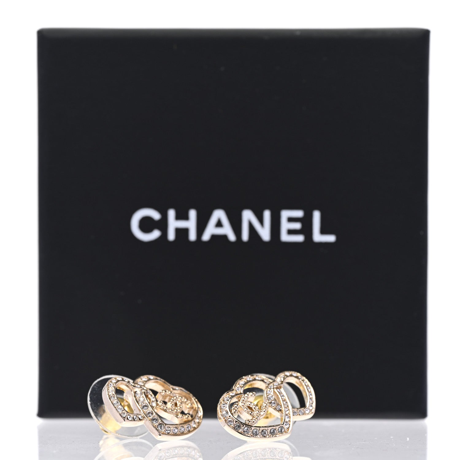 Chanel Crystal Metal CC Double Heart Earrings Gold 4 of 4