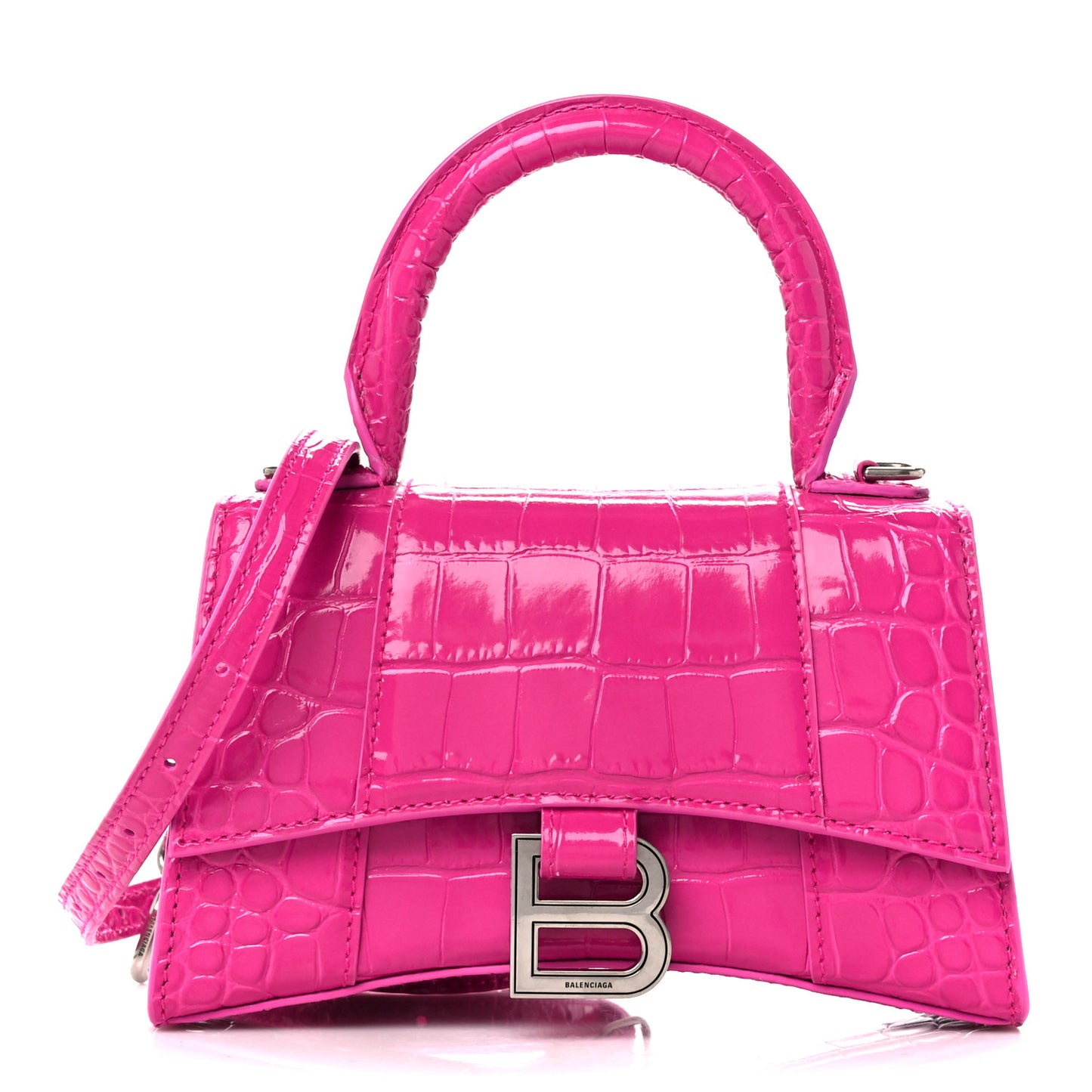 Shiny Calfskin Crocodile Embossed Hourglass Top Handle Bag XS Lipstick Pink