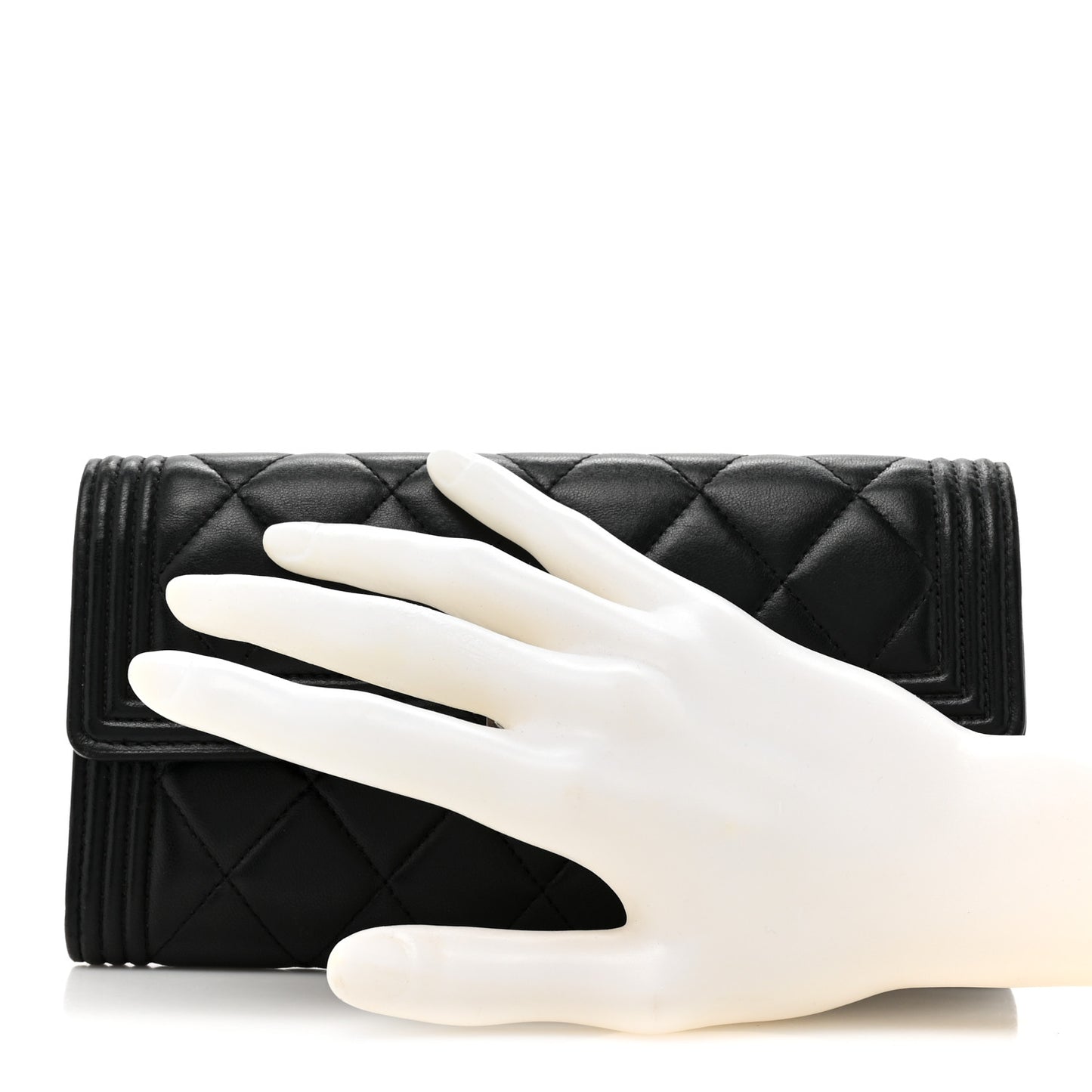 Lambskin Quilted Large Boy Gusset Flap Wallet Black