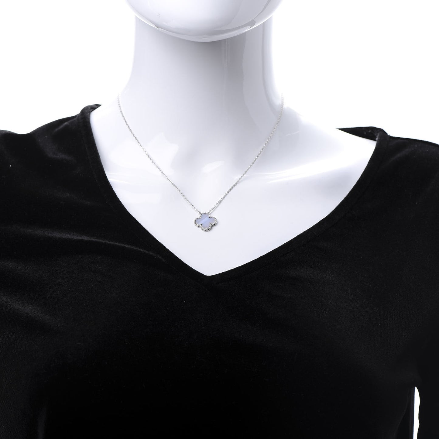 18K White Gold Chalcedony Vintage Alhambra Pendant Necklace