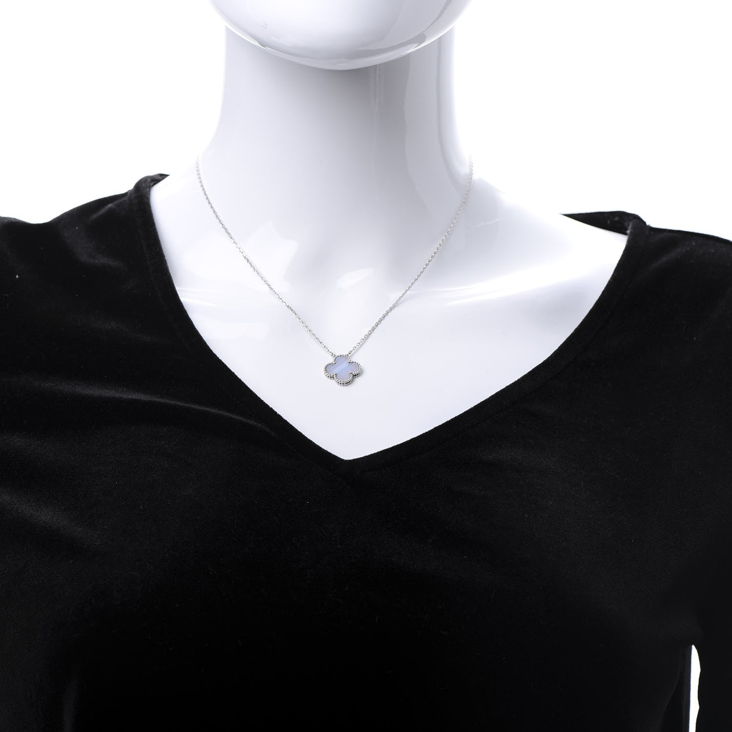 Van Cleef & Arpels 18K White Gold Chalcedony Vintage Alhambra Pendant Necklace 2 of 7