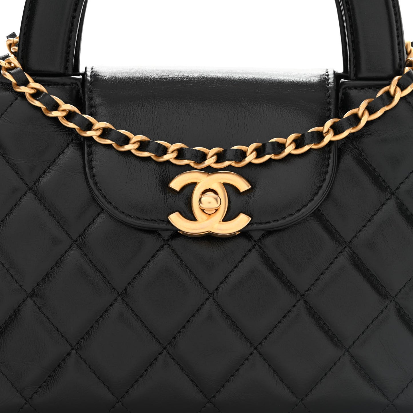 Shiny Aged Calfskin Quilted Nano Kelly Shopper Black