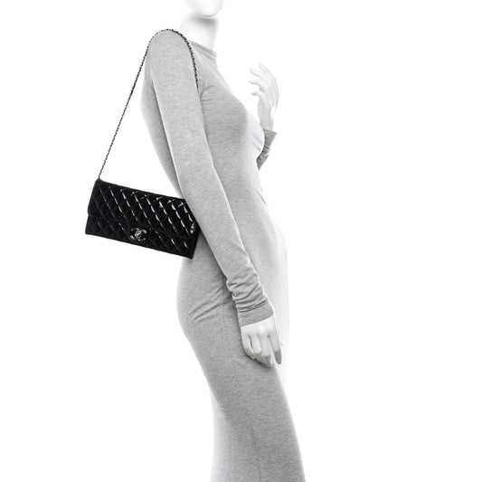 Patent Calfskin Quilted Flap Clutch With Chain Black