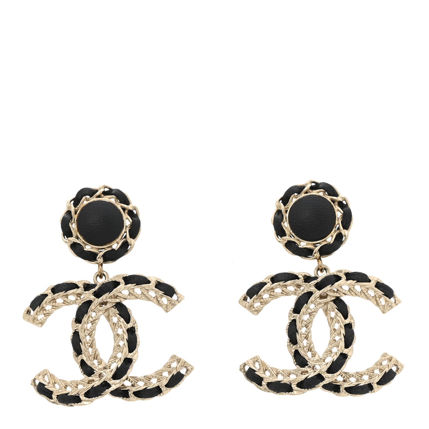 Lambskin CC Chain Drop Earrings Black Gold