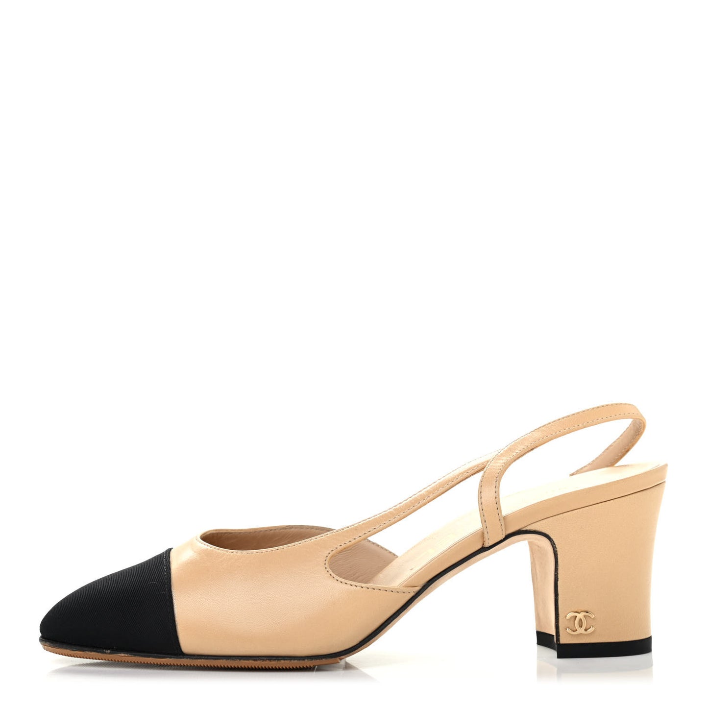 Lambskin Grosgrain Cap Toe CC Slingback Pumps 36 Beige Black