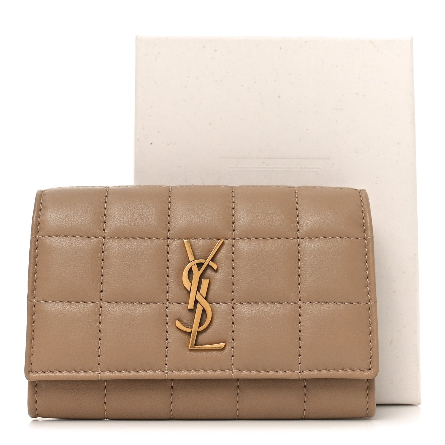 Saint Laurent Lambskin Carre Quilted Cassandre Compact Envelope Card Case Dark Toffee 8 of 8