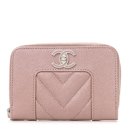 Chanel Metallic Caviar Chevron Quilted Vintage Mademoiselle Zip Coin Purse Pink 1 of 7