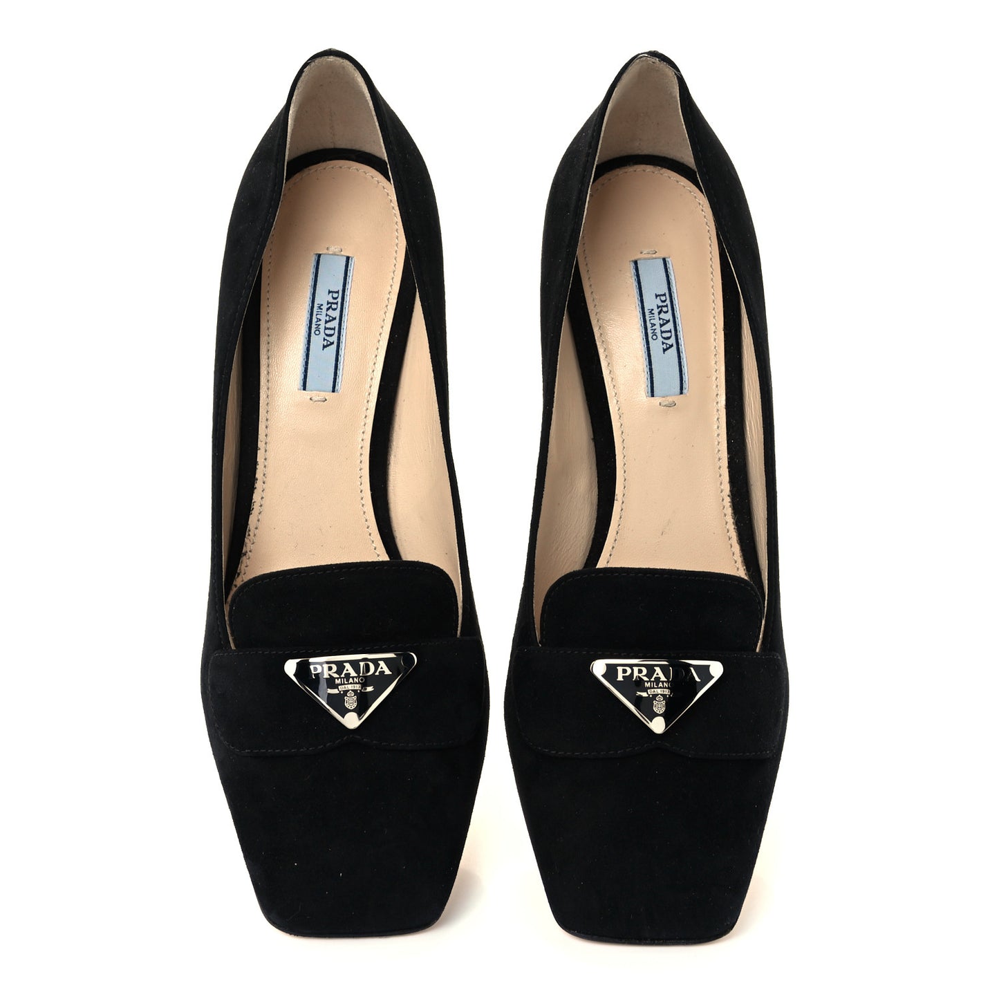 Camoscio Metal Triangle Logo Block Heel 70mm Loafer Pumps 39.5 Black