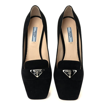 Prada Camoscio Metal Triangle Logo Block Heel 70mm Loafer Pumps 39.5 Black 5 of 9