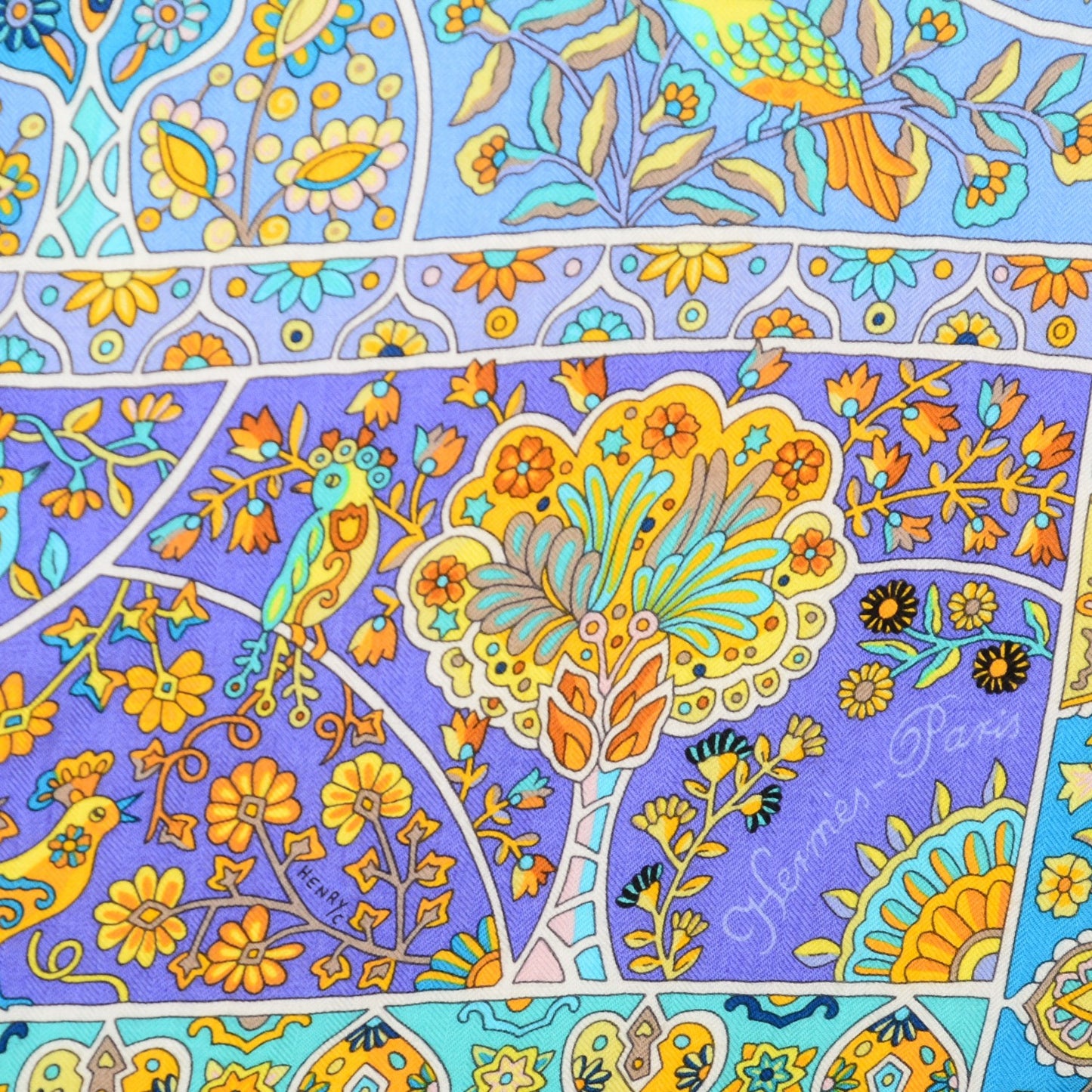Cashmere Silk Au Pays Des Oiseaux Fleurs Shawl 140 Marine Turquoise Jaune
