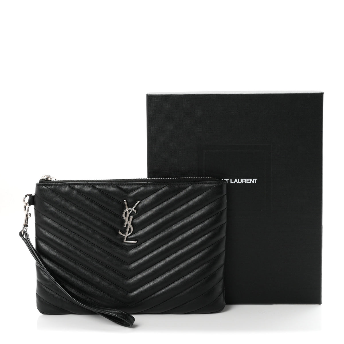 Saint Laurent Calfskin Matelasse Chevron Monogram A5 Wristlet Black 8 of 8