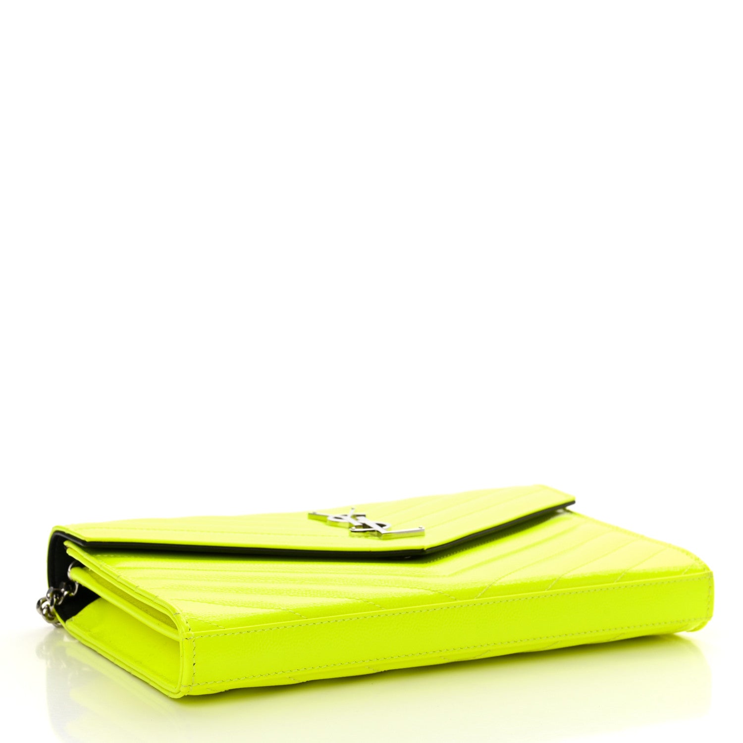 Saint Laurent Patent Grain De Poudre Matelasse Chevron Monogram Chain Wallet Neon Yellow 4 of 10