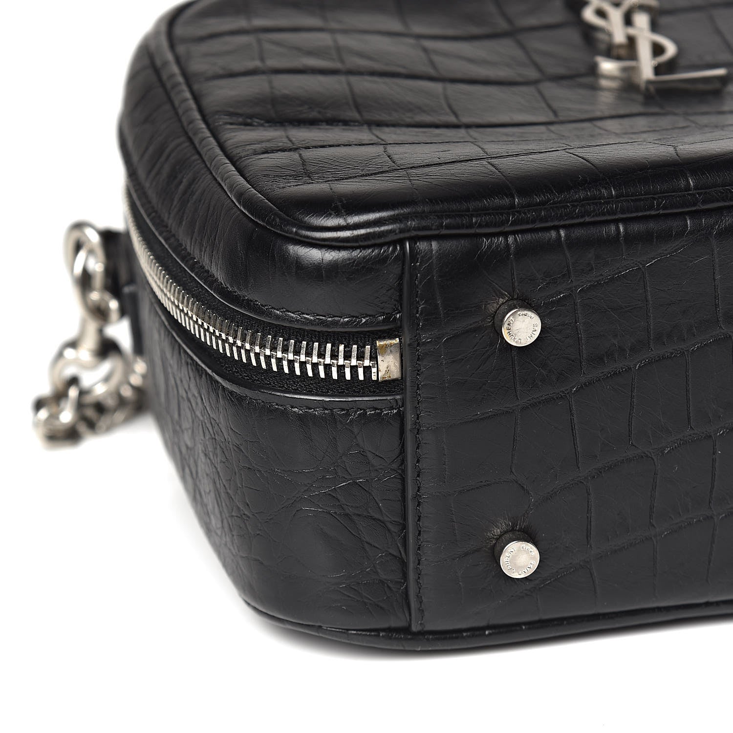 Saint Laurent Calfskin Crocodile Embossed Monogram Lunch Box Bag Black 7 of 9