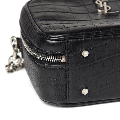 Saint Laurent Calfskin Crocodile Embossed Monogram Lunch Box Bag Black 7 of 9