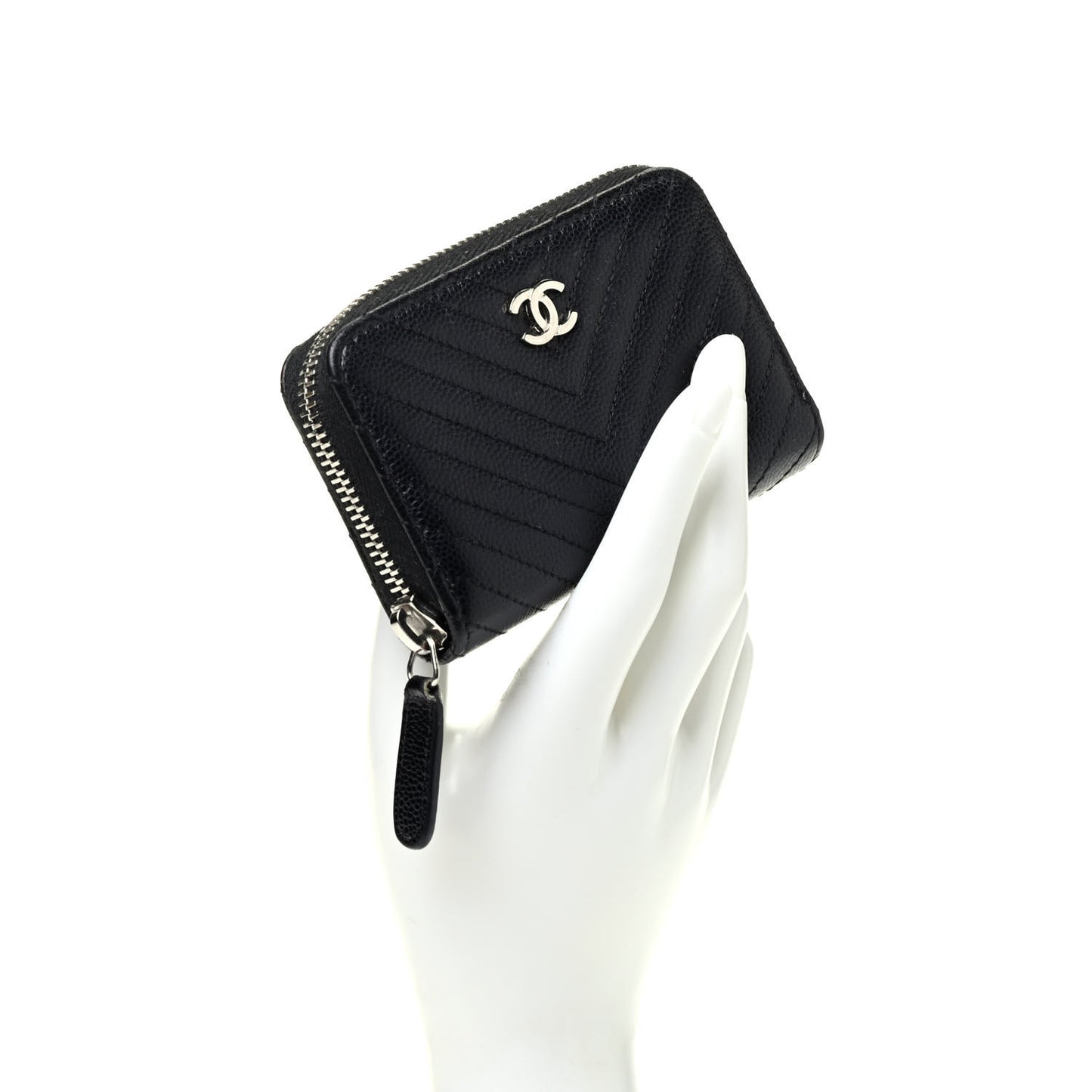 Caviar Chevron Quilted Zip Around Coin Purse Black