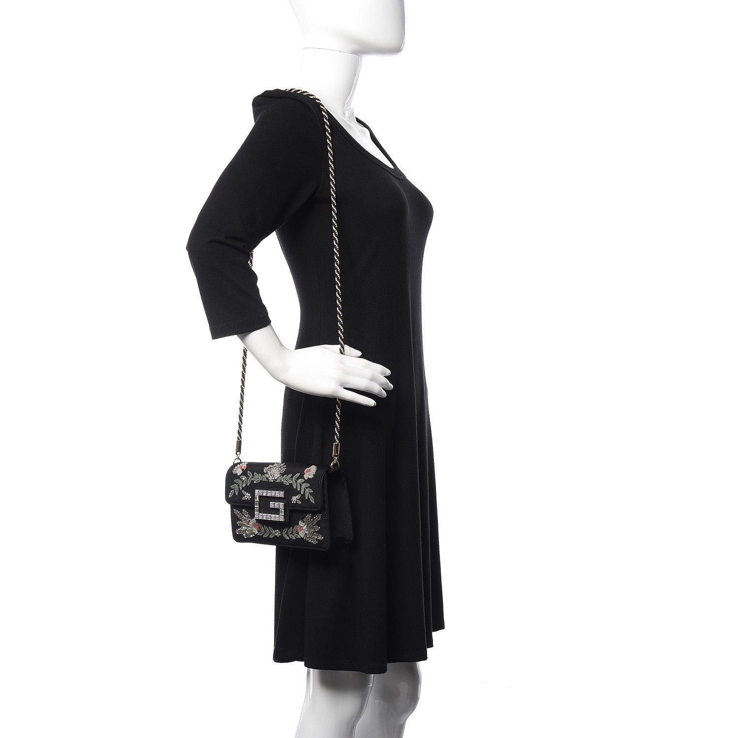 Gucci Grosgrain Crystal Embellished Square G Shoulder Bag Black 2 of 12