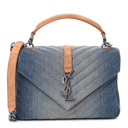 Saint Laurent Washed Denim Matelasse Chevron Monogram Medium College Bag Blue Cinnamon 1 of 10