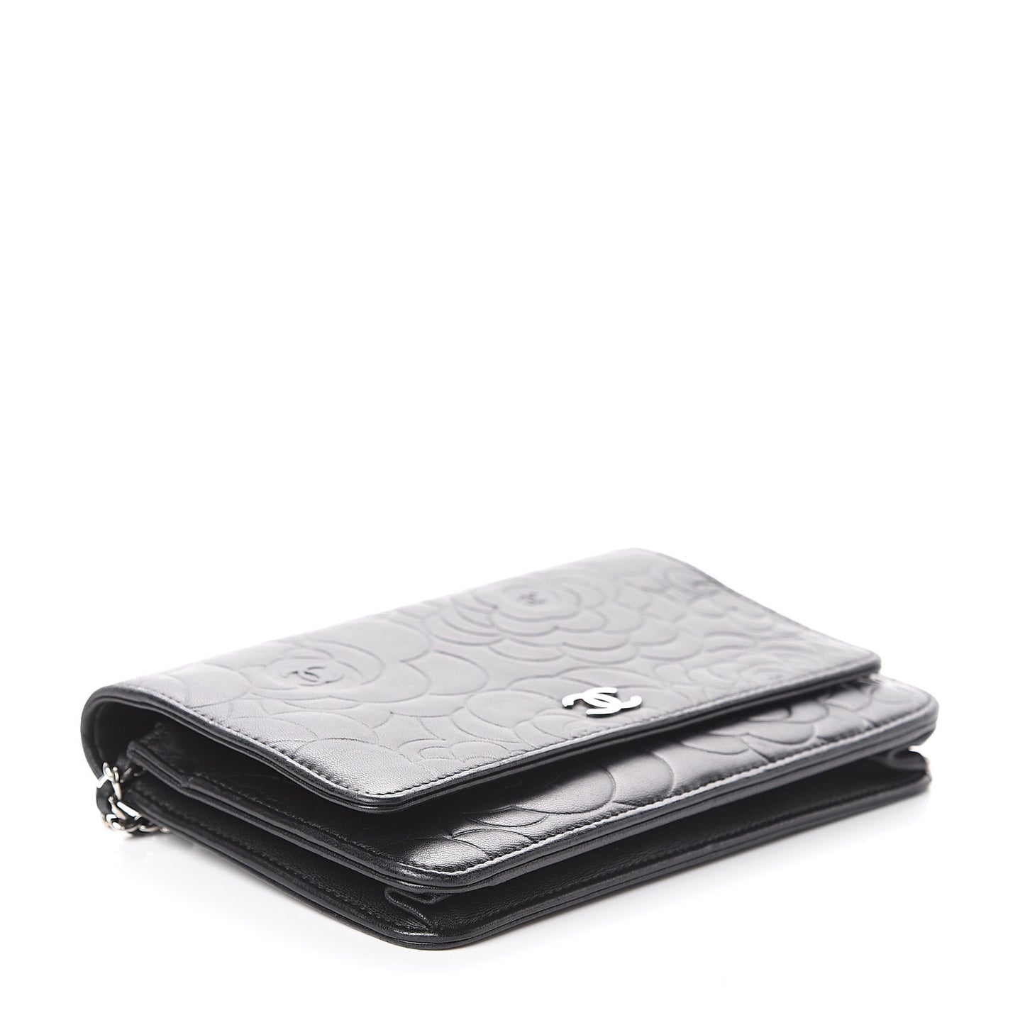 Lambskin Camellia Embossed Wallet on Chain WOC Black
