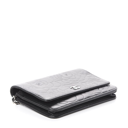 Chanel Lambskin Camellia Embossed Wallet on Chain WOC Black 3 of 9