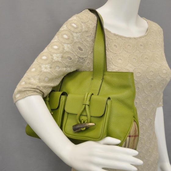 Burberry Leather Haymarket Check Horn Toggle Shoulder Bag Green 2 of 17