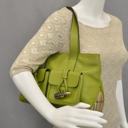 Burberry Leather Haymarket Check Horn Toggle Shoulder Bag Green 2 of 17