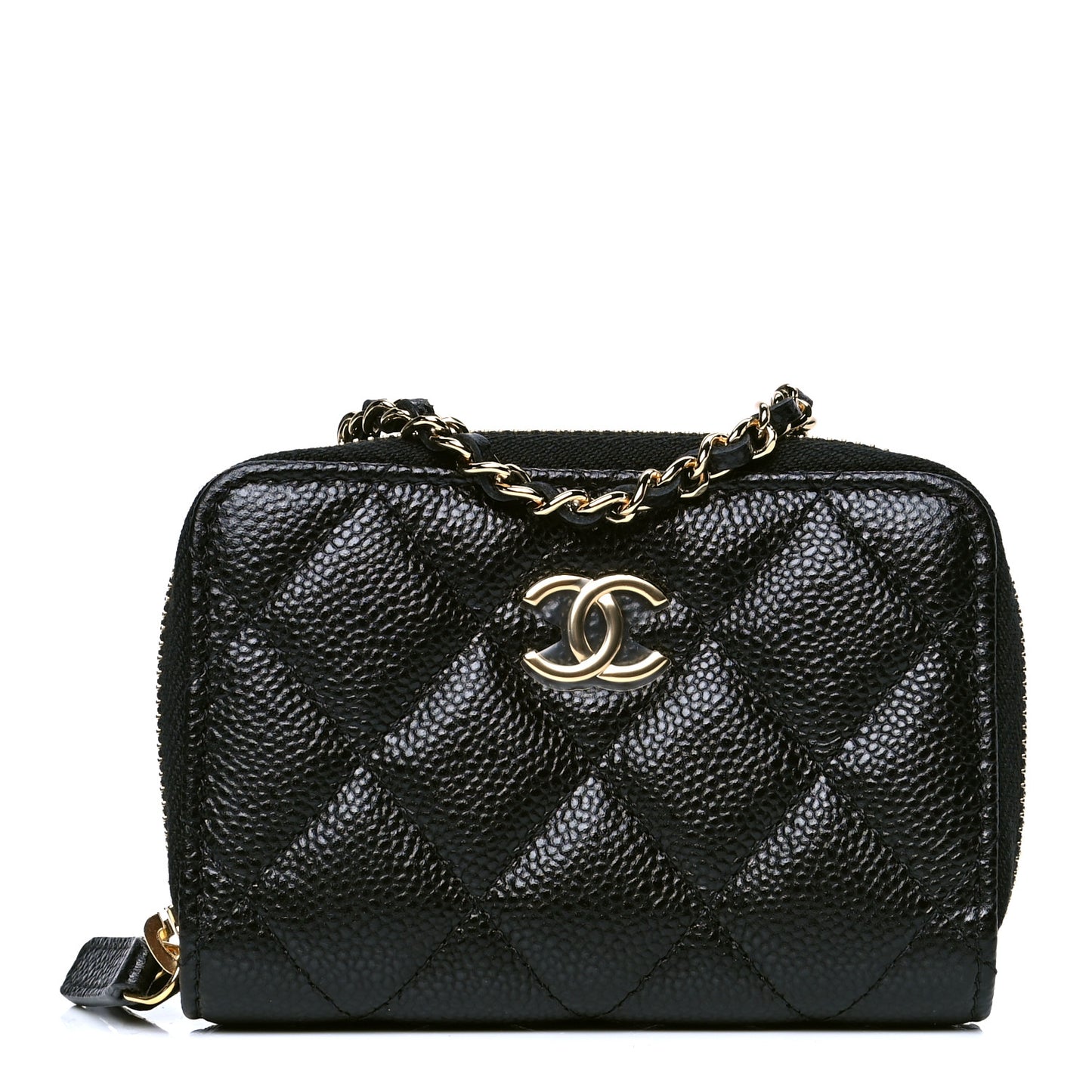 Caviar Quilted Miss Coco Zip Card Holder On Chain Black