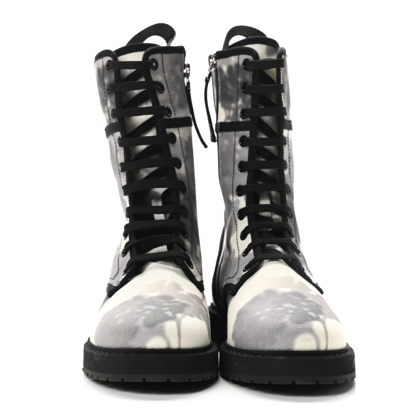 Canvas Floral Print Logo Bi-Color Womens Biker Boots 38 White Black