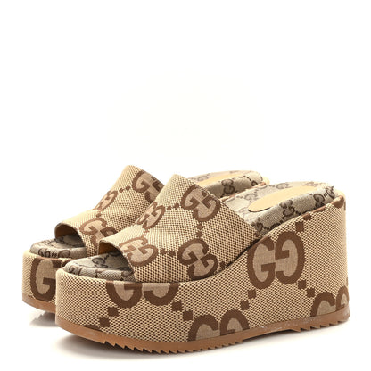 Gucci Monogram Jumbo GG Platform Slide Wedge Sandals 37.5 Camel Ebony 3 of 7