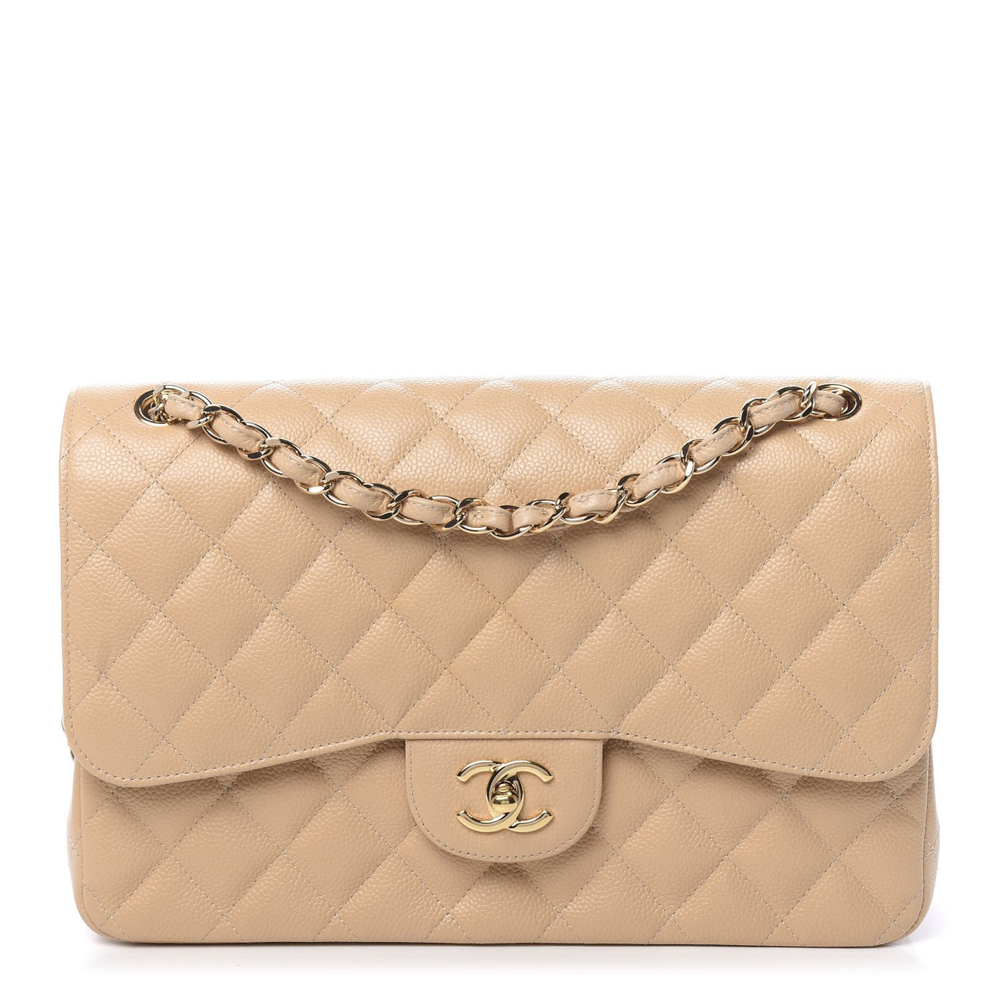 Caviar Quilted Jumbo Double Flap Beige