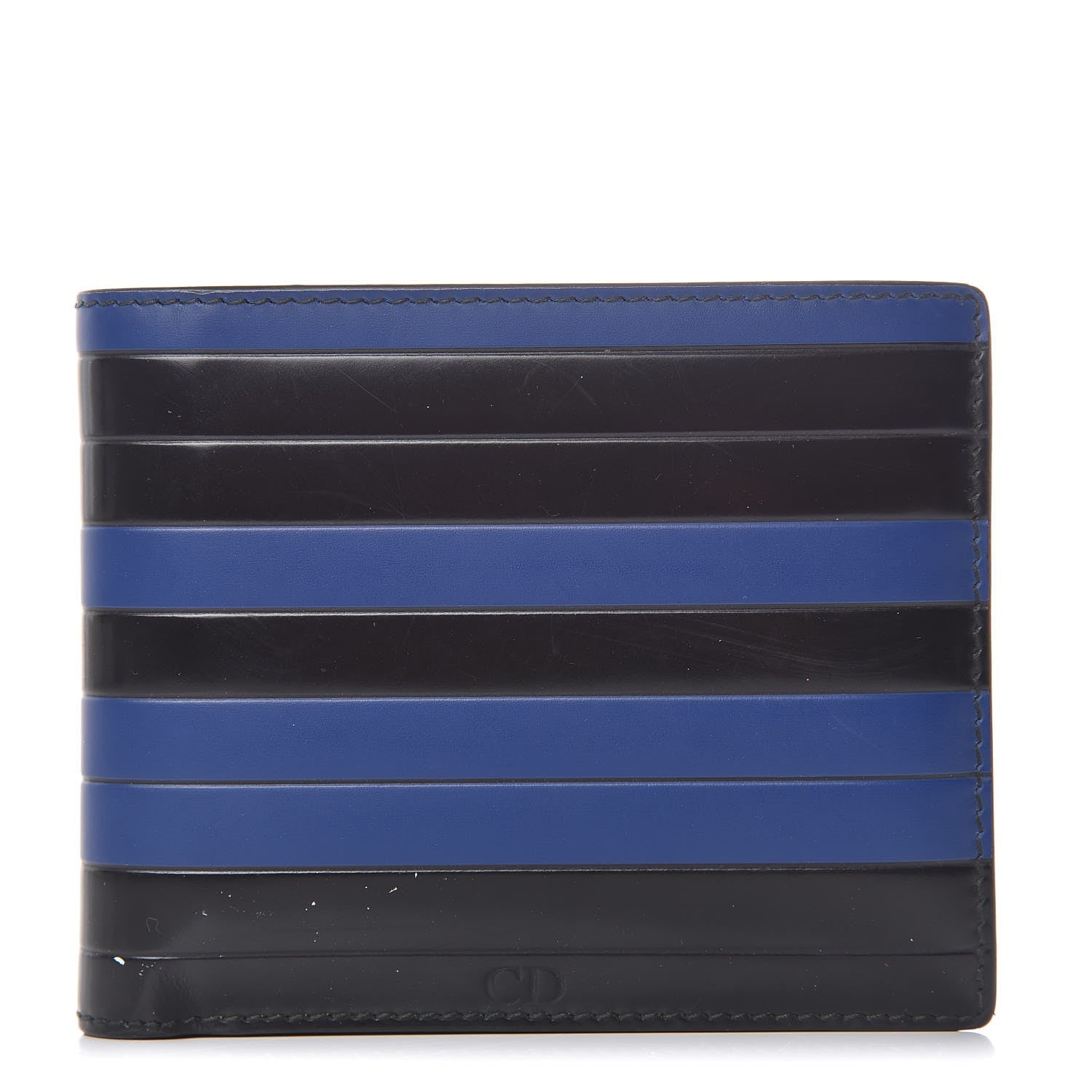 Christian Dior Calfskin Striped Men's Bifold Wallet Blue Black 1 of 10