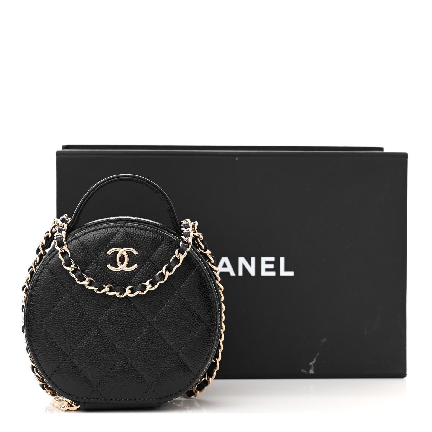 Caviar Quilted Round Handle With Care Vanity With Chain Black