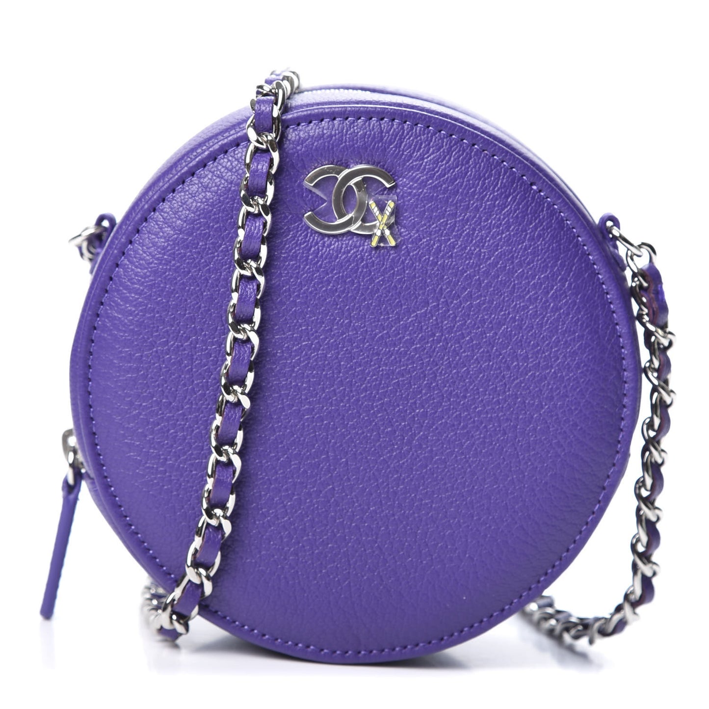 Calfskin Round Clutch With Chain Purple