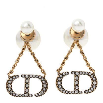 Christian Dior Pearl Crystal Tribal CD Drop Earrings Gold 1 of 4