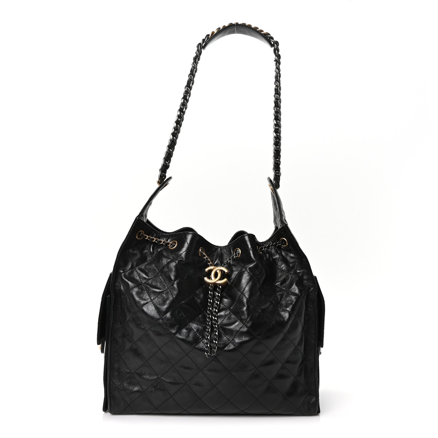 Shiny Crumpled Calfskin Quilted Medium Chanel 25 Handbag Black Black