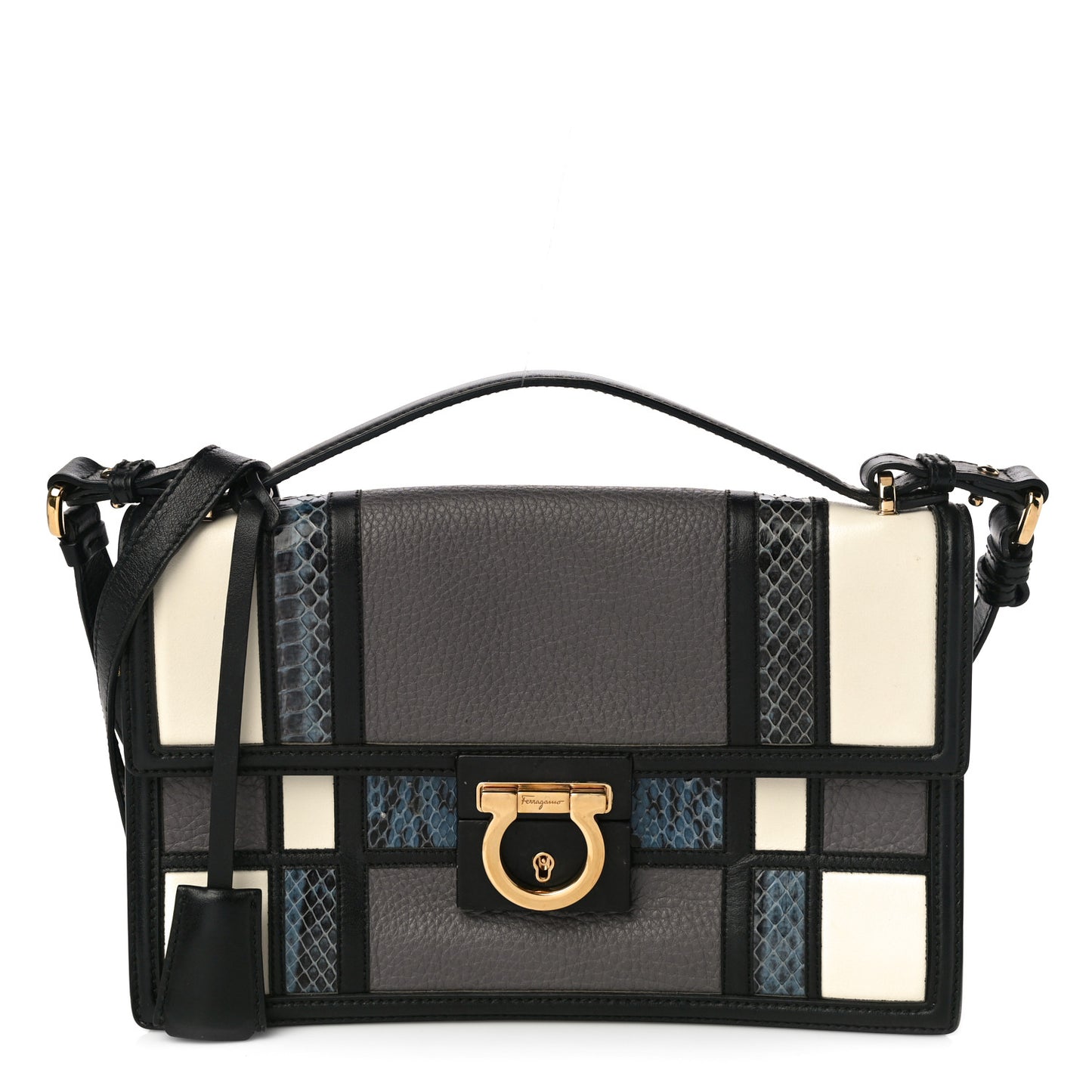 Pebbled Calfskin Watersnake Patchwork Aileen Bag Grey Blue Black