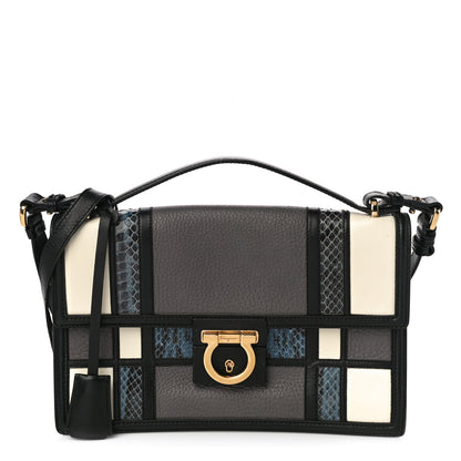 Salvatore Ferragamo Pebbled Calfskin Watersnake Patchwork Aileen Bag Grey Blue Black 1 of 9