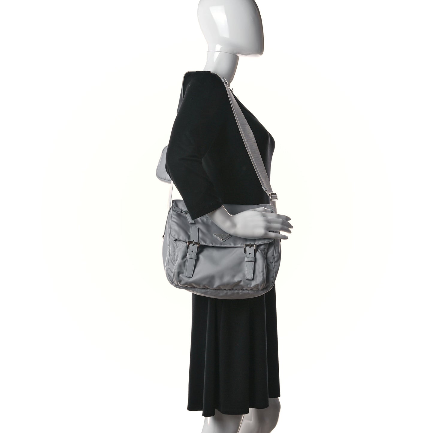 Re-Nylon Vela Saffiano Pocket Double Buckle Messenger Shoulder Bag Fiordaliso
