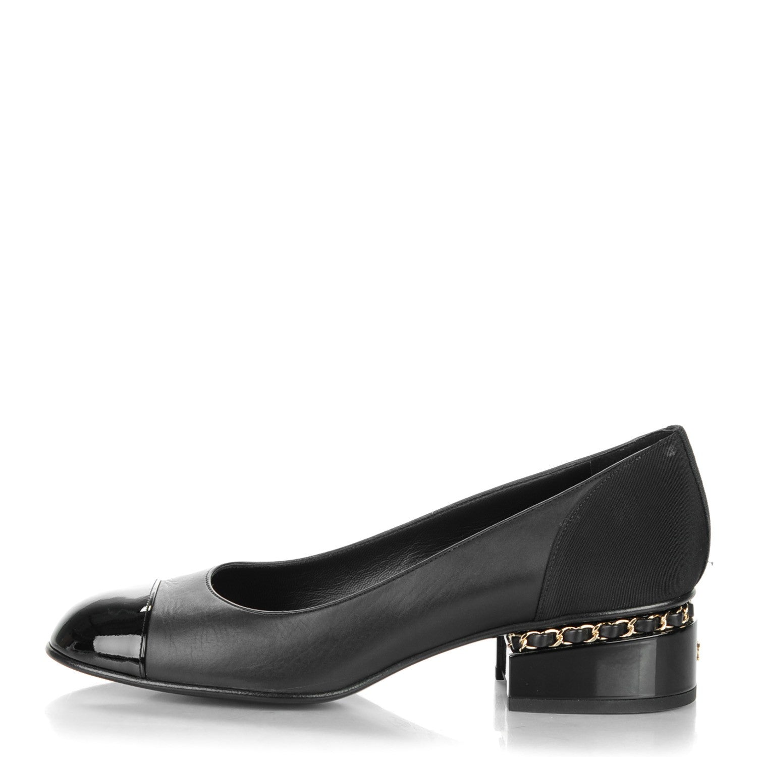 Chanel Lambskin Patent Cap Toe Low Heel Chain Pumps 39 Black 1 of 8