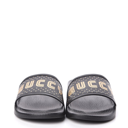 Gucci X SEGA Supreme Canvas GUCCY Stars Womens Slide Sandals 40 Black Gold 2 of 8