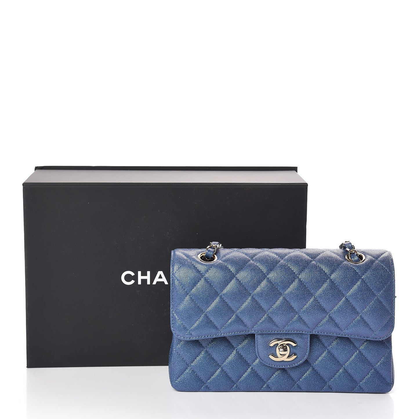 Iridescent Caviar Quilted Small Double Flap Dark Blue