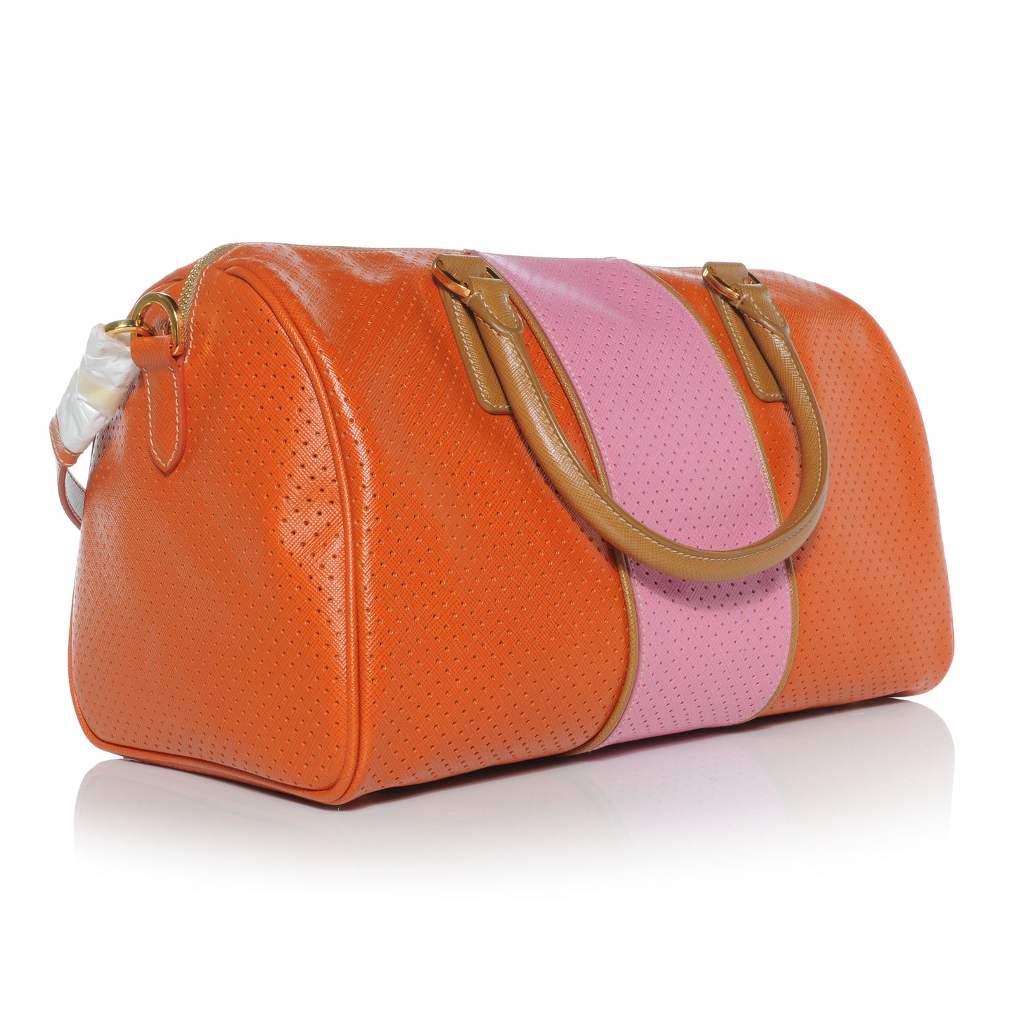 Saffiano Perforated Striped Boston Papaya Caramel