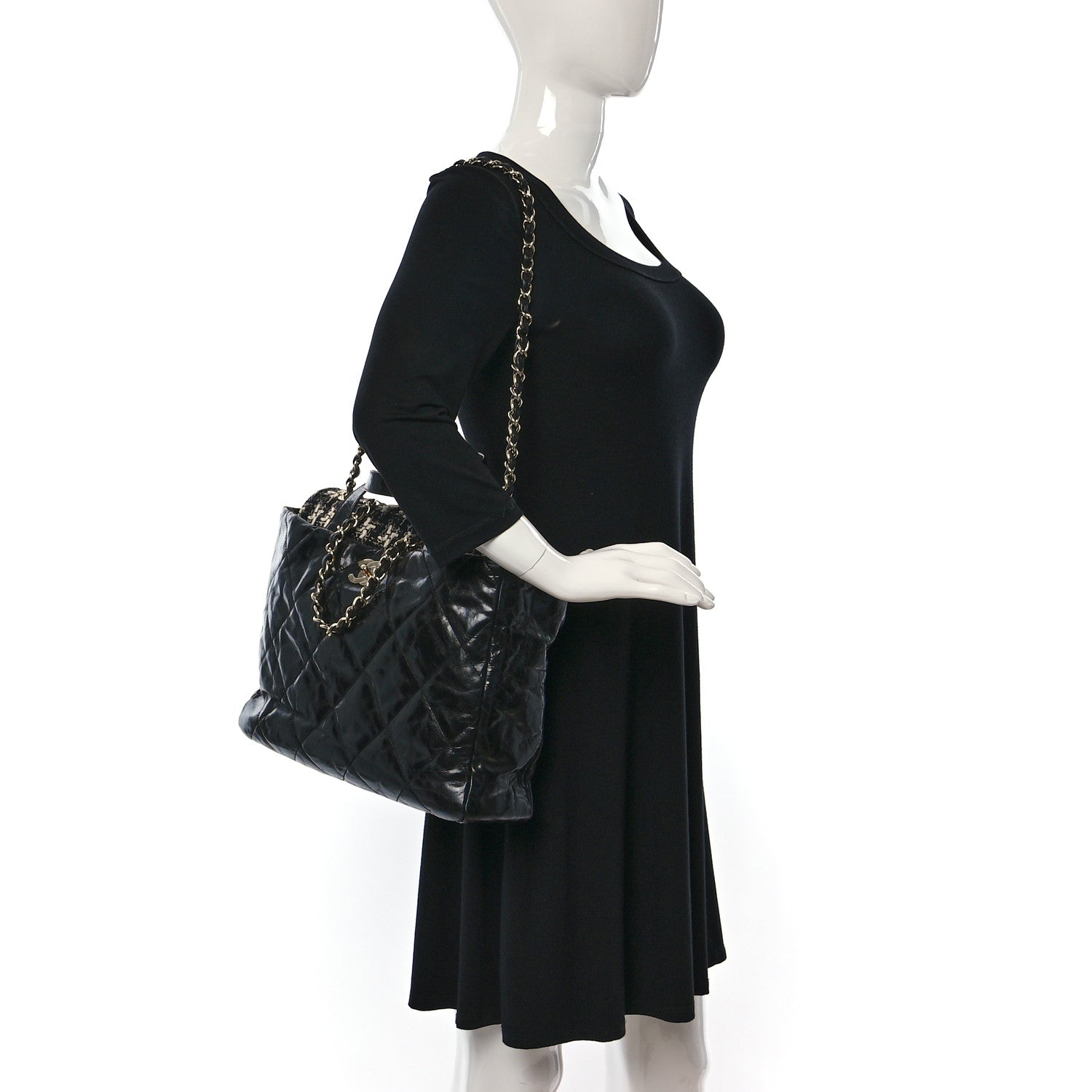 Chanel Glazed Calfskin Quilted Tweed Portobello Tote Black White 2 of 9