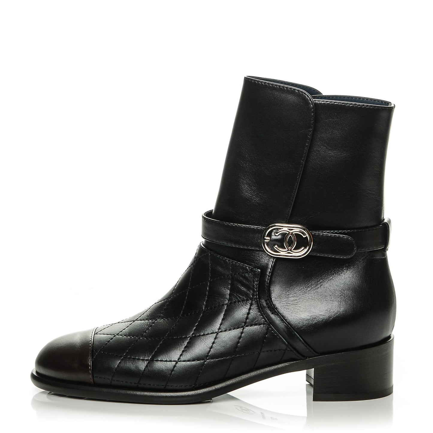 Calfskin Quilted Cap Toe Boots 37 Black Brown