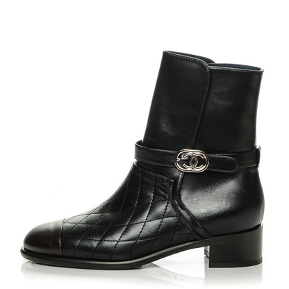 Chanel Calfskin Quilted Cap Toe Boots 37 Black Brown 1 of 7