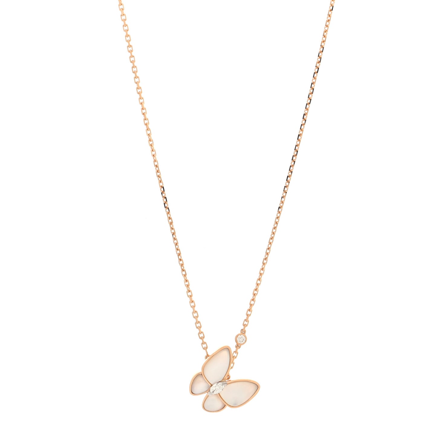 18K Rose Gold Diamond Mother of Pearl Two Butterfly Pendant Necklace