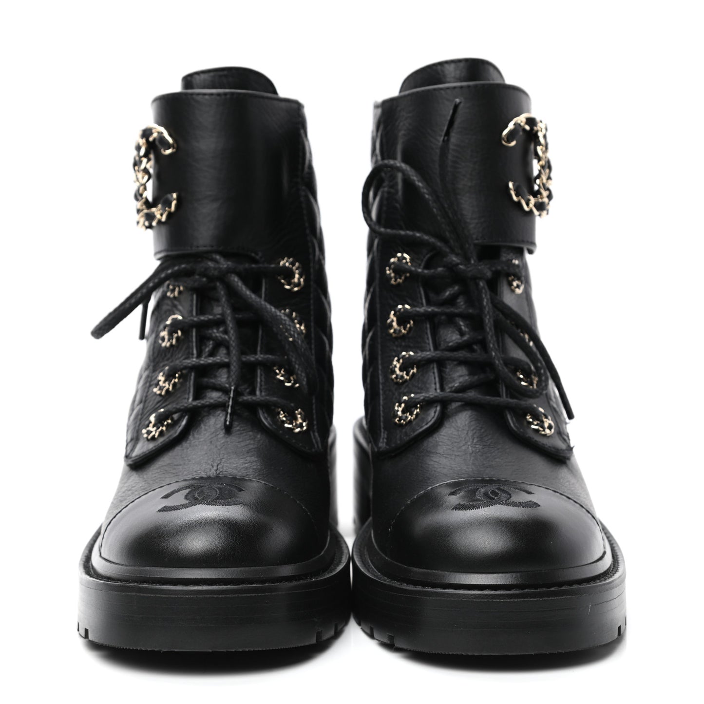 Shiny Goatskin Calfskin Quilted Lace Up Combat Boots 37 Black
