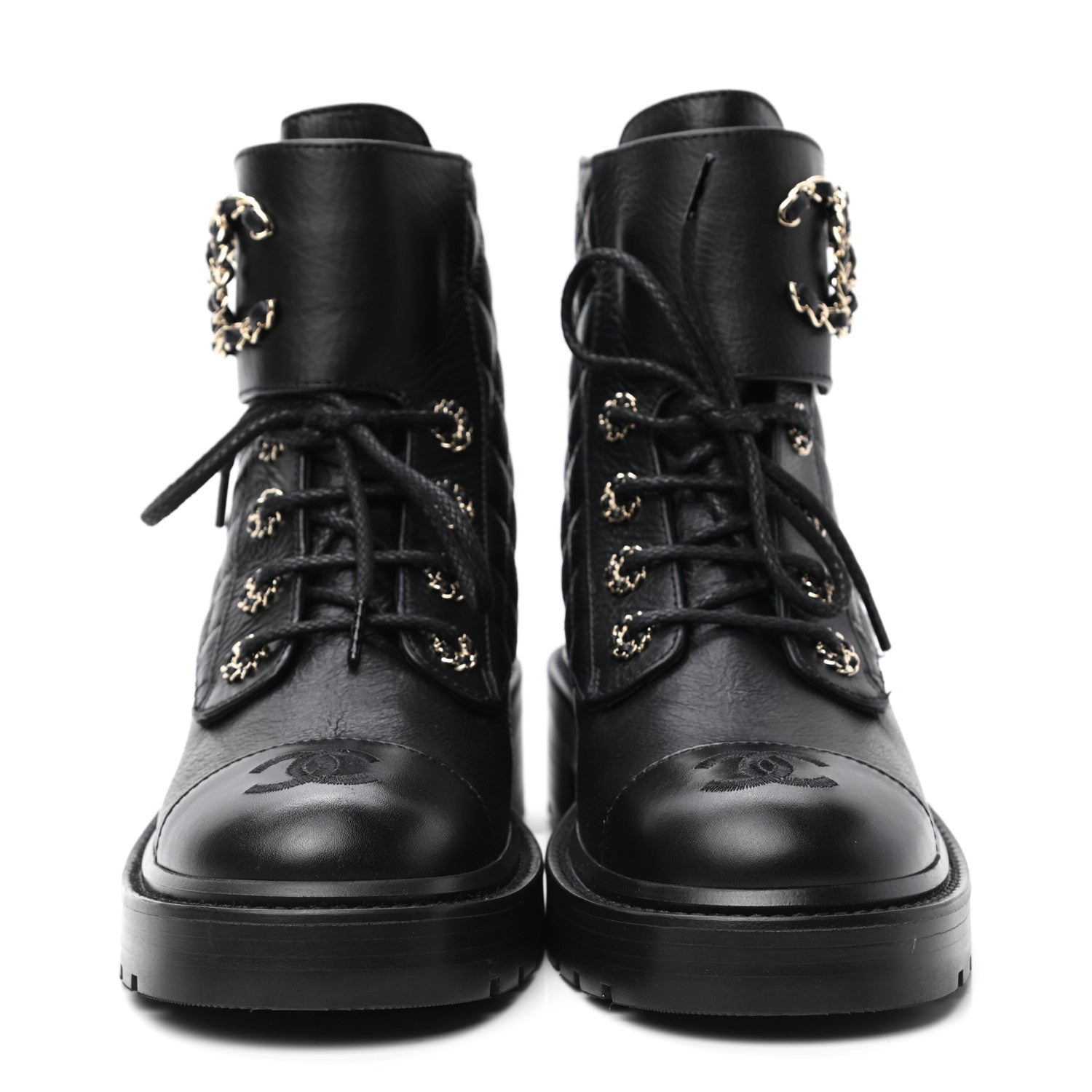 Chanel Shiny Goatskin Calfskin Quilted Lace Up Combat Boots 37 Black 2 of 9